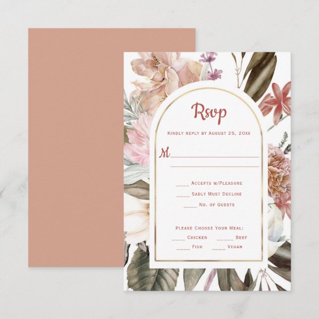 Terrakotta, Persika, Ros, Marsala Guld Arch RSVP OSA Kort (Fram/baksida)