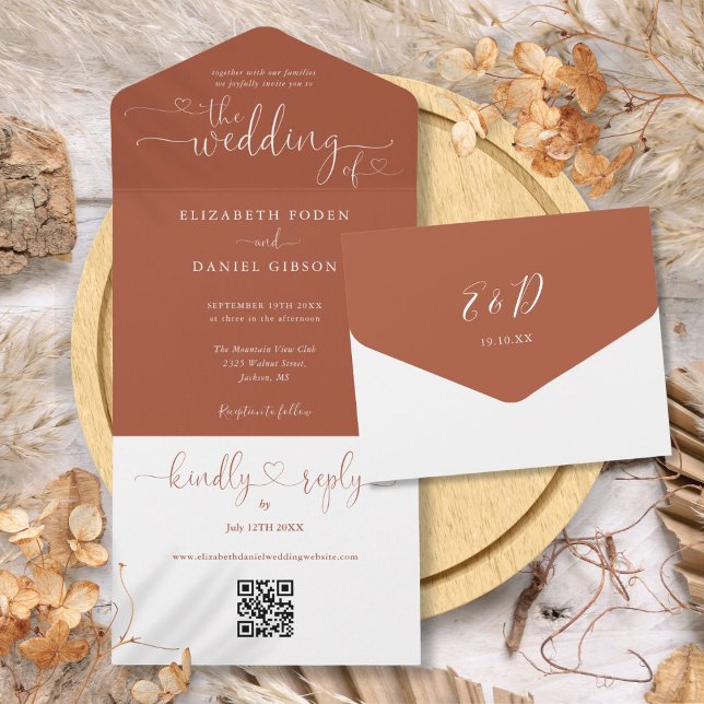 Terrakotta QR-kod Bröllop Script Hearts (Script Hearts Terracotta QR Code Wedding All In One Invitation)