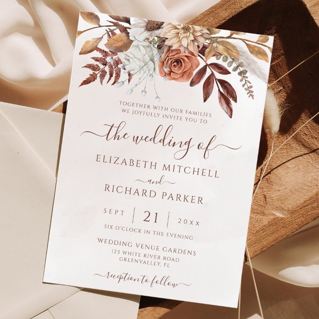 Terrakotta Rost Blommor Boho Höst Bröllop Inbjudningar (Fall in love with this boho wedding invitation. Rust and terracotta colored flowers for a cozy vibe.)