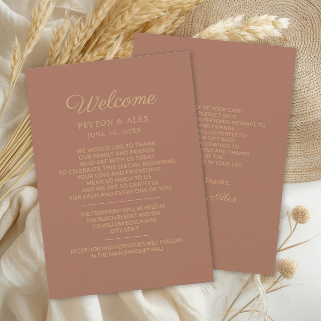 Terrakotta Rost Bröllops Välkomst Itinerary (Terracotta/burnt orange wedding welcome itinerary)