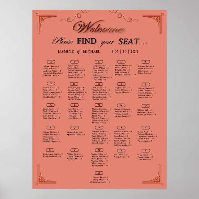 Terrakotta Rust Alfabetisk Bröllopsplatskarta Poster (Framsidan)