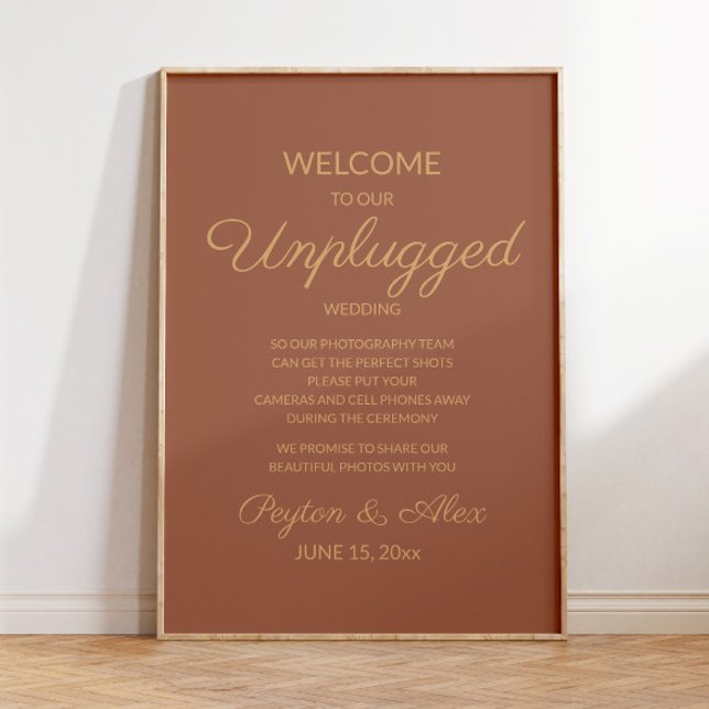 Terrakotta Rust Elegant Script Oansluten Bröllop  Poster (Terracotta/burnt orange "Unplugged" wedding poster for your fall/autumn/winter wedding)