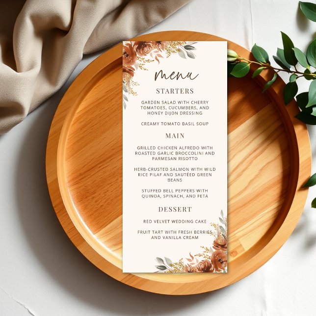 Terrakotta Rust Höst Blommig Bröllopsmiddag Meny (Terracotta Rust Fall Floral Wedding Dinner Menu)