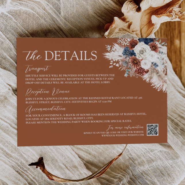 Terrakotta Rust Navy Boho Bröllopskort Tilläggskort (Terracotta Rust Navy Boho Wedding Enclosure Card with QR Code)