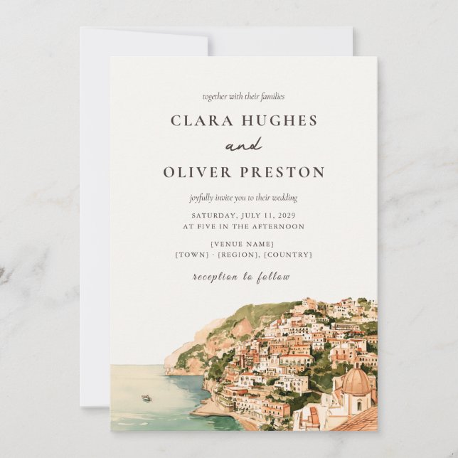 Terrakotta Sage Script Positano Kustbröllop  Inbjudningar (Framsida)