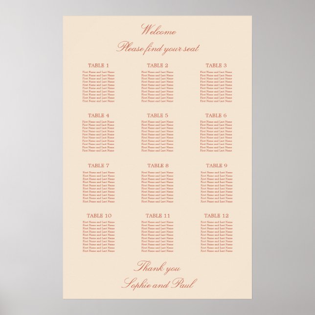 Terrakotta Script 12 Bord Bröllop Plats Poster (Framsidan)