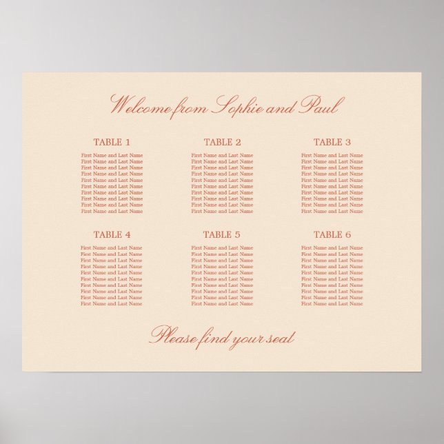 Terrakotta Script 6 Bord Bröllop Plats Poster (Framsidan)