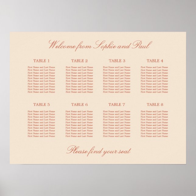 Terrakotta Script 8 Bord Bröllop Plats Poster (Framsidan)