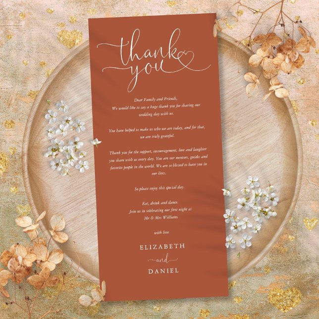 Terrakotta Script Bröllop Tacksamhetskort Meny (Terracotta Script Wedding Thank You Place Card)