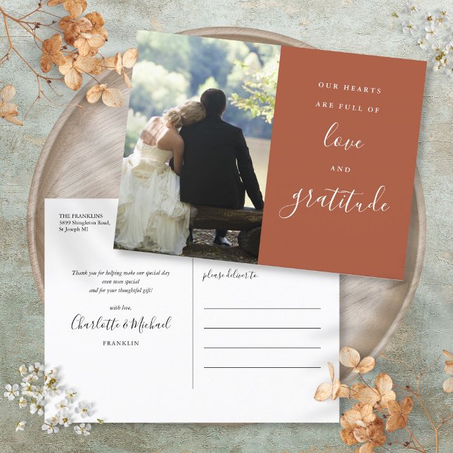 Terrakotta Script Foto Bröllop Tacksam Vykort (Terracotta Script Photo Wedding Thank You Postcard)