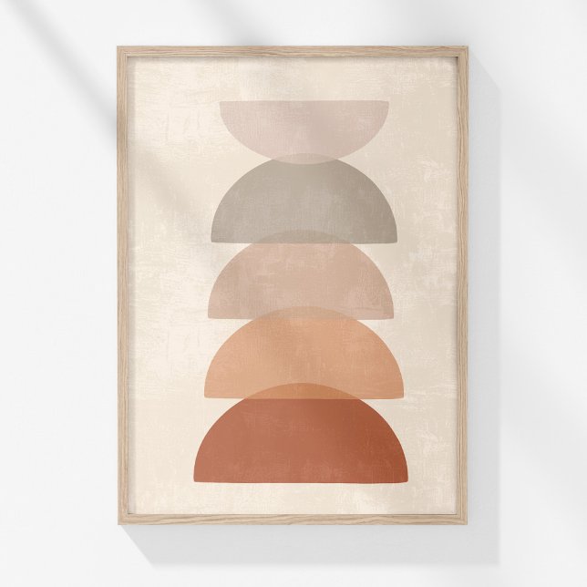 Terrakotta Sol Abstrakt Neutral Boho Väggkonst  (Boho Muted Terracotta Neutral Abstract Bowls Art Poster in a wooden frame on wihte wall.)