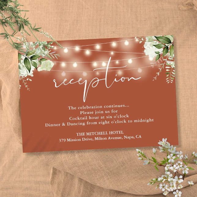 Terrakotta Strängljus Blommig Bröllopsmottagning Tilläggskort (Terracotta String Lights Floral Wedding Reception Enclosure Card)