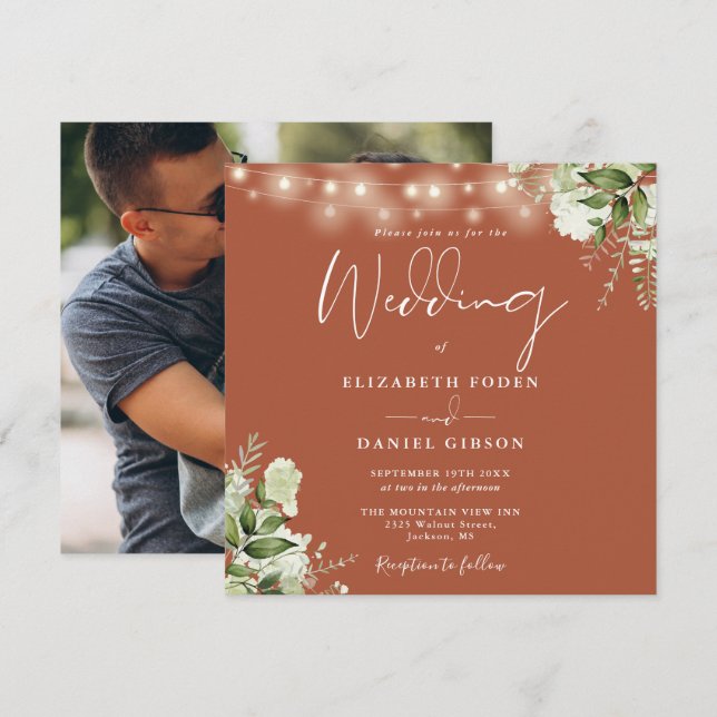 Terrakotta Strängljus Blommig Foto Bröllop Inbjudningar (Fram/baksida)