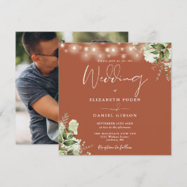Terrakotta Strängljus Blommig Foto Bröllop Inbjudningar