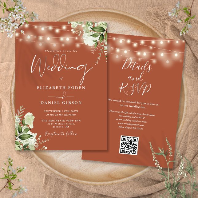 Terrakotta Strängljus Blommig QR-kod Bröllop Inbjudningar (Terracotta String Lights Floral QR Code Wedding Invitation)