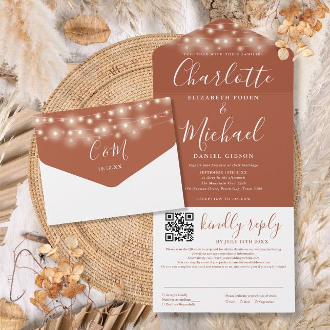 Terrakotta Strängljus Bröllop QR-kod (String Lights Terracotta Script QR Code Wedding All In One Invitation)