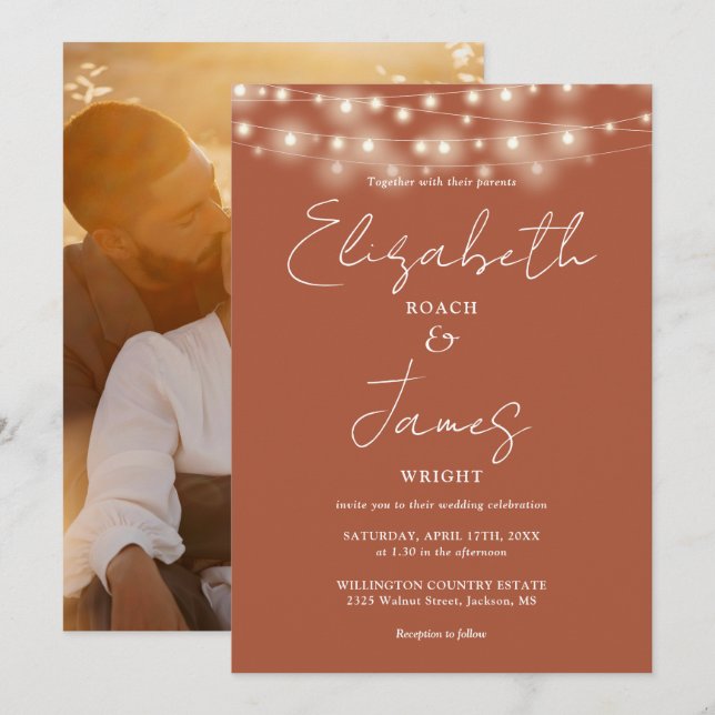 Terrakotta Strängljus Chic Skript Foto Bröllop Inbjudningar (Fram/baksida)
