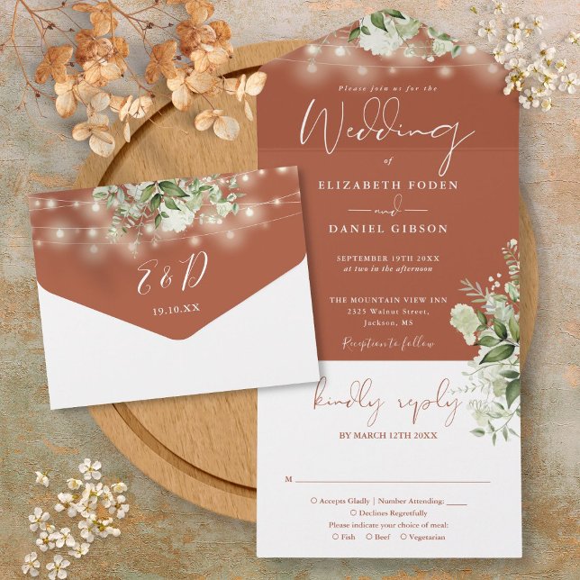 Terrakotta Strängljus Grönska Monogram Bröllop (Terracotta String Lights Greenery Monogram Wedding All In One Invitation)