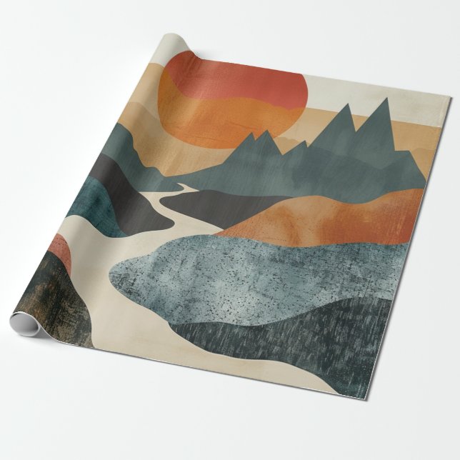 Terrakotta Teal Bergslandskap Solnedgång Flod Presentpapper (Utrullad)