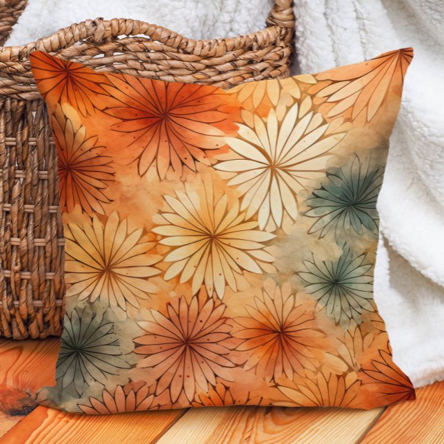 Terrakotta Teal Krämfärgade Blommor Varma Jordtone Kudde (Burnt orange and teal floral decorator pillow)