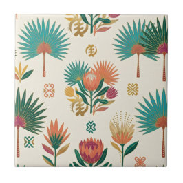 Terrakotta Teal Protea & Fläkts palm Keramisk Kake Kakelplatta