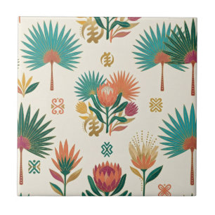 Terrakotta Teal Protea & Fläkts palm Keramisk Kake Kakelplatta