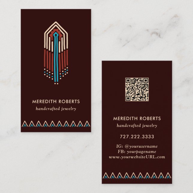 Terrakotta Turkos Tribal Design QR-kod Visitkort (Fram/baksida)