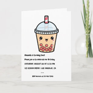 Terrakotta Typografi Kawaii Bubble Tea Födelsedag Inbjudan