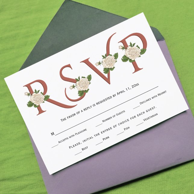 Terrakotta typografi och vita rosor höstbröllop OSA kort (Skapare uppladdad)