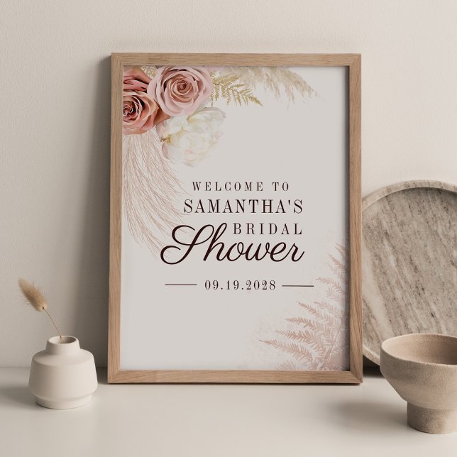 Terrakotta välkomstskylt för bröllopsdusch med Pam Poster (Pampas Grass Script Bridal Shower Sign Poster)