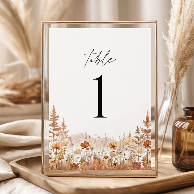 Terrakotta Vildblomma Berg Bordsnummer (Terracotta wildflower mountain wedding table numbers, elegant boho rustic table decor in gold frame)