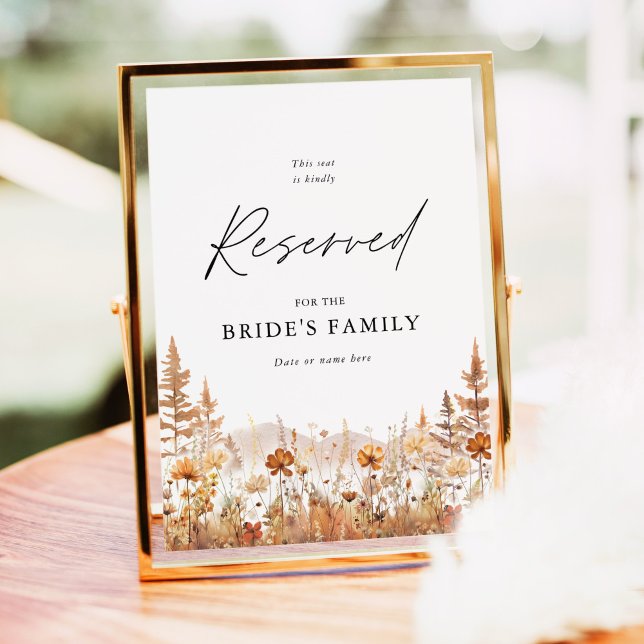Terrakotta Vildblomma Berg Reserverad Platsskylt Poster (Terracotta wildflower mountain reserved wedding sign with elegant script for bride’s family seating)