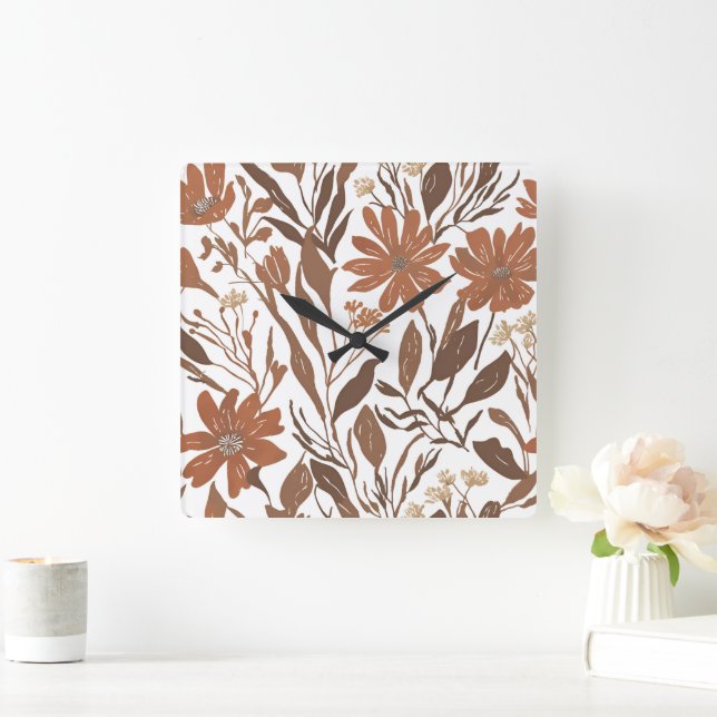 Terrakotta Vildblomma Rustik Boho Väggaccent Fyrkantig Klocka (Hem)