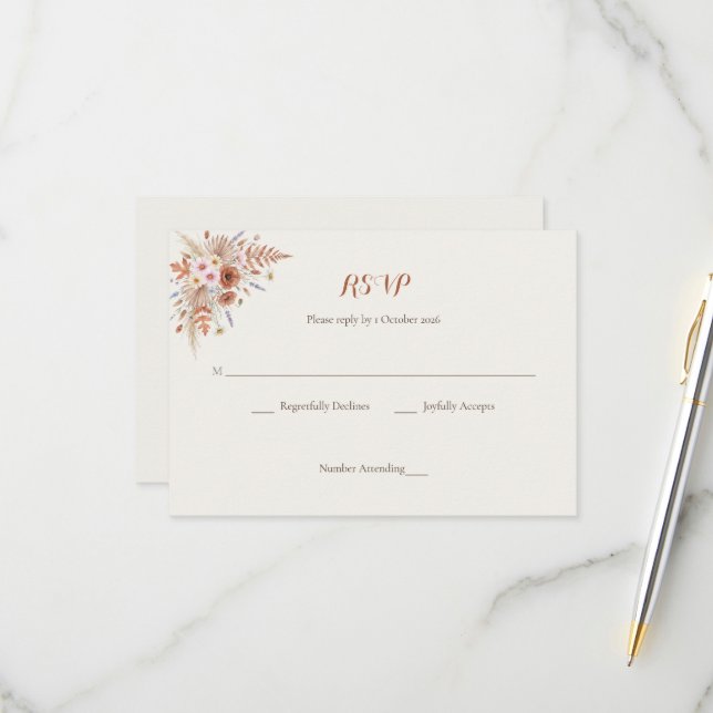 Terrakotta Vildblomma & Torkad Palm Boho Bröllop OSA Kort (Fram/Back In Situ)