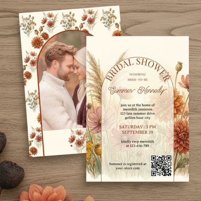Terrakotta Vildblommeäng Solnedgång Bröllopsfest Inbjudningar (Bridal Shower Invitation with custom photo and late summer wildflower meadow by Darling & May)