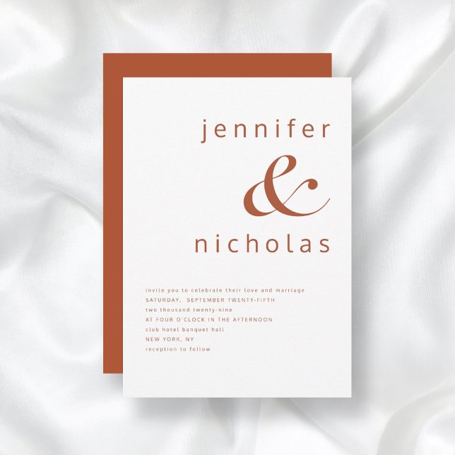 Terrakotta & Vit Modern Typografi Bröllop Inbjudningar (Front / Terracotta & White Modern Typography Wedding Invitation)