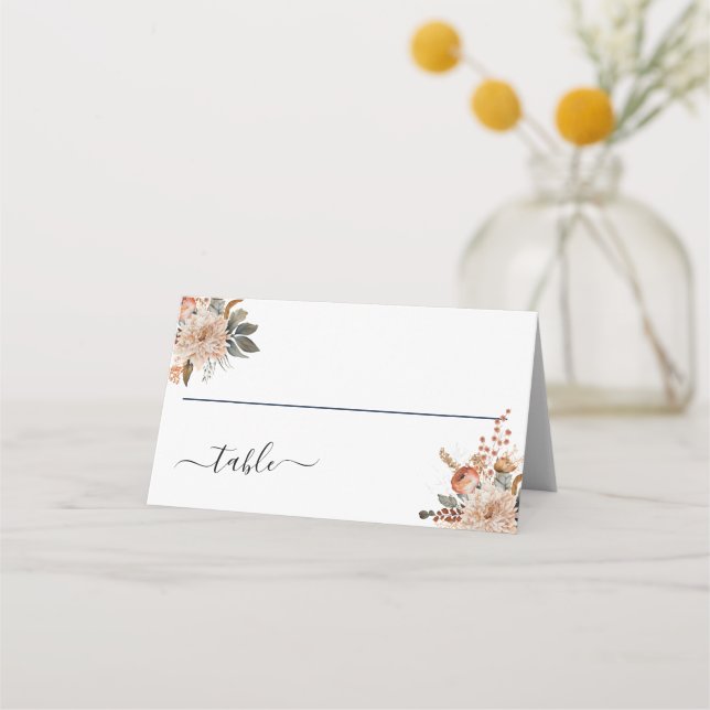 Terrakotta Watercolor Blommor Botaniska Bröllop Placeringskort (Framsida)