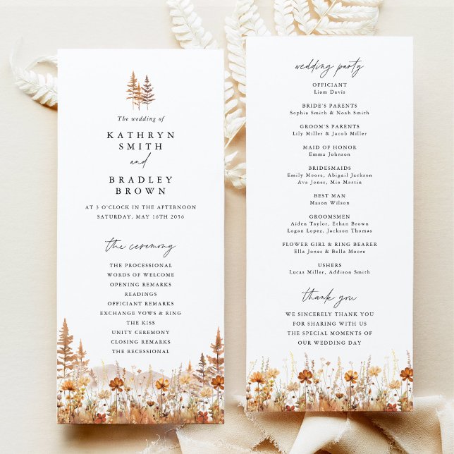 Terrakotta Wildflower Berg Bröllopsceremoni Program (Terracotta wildflower mountain wedding program front and back, elegant boho ceremony program card)