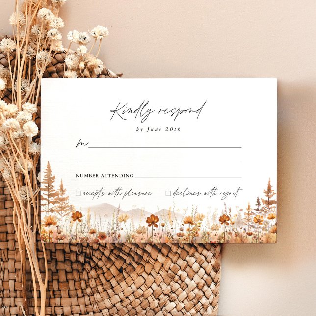 Terrakotta Wildflower Mountain Bröllop OSA Kort (Terracotta wildflower mountain wedding RSVP card with watercolor florals, boho stationery)