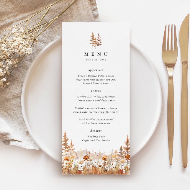 Terrakotta Wildflower Mountain Bröllopsmottagning Meny (Terracotta wildflower mountain wedding menu card, elegant boho rustic reception table menu)
