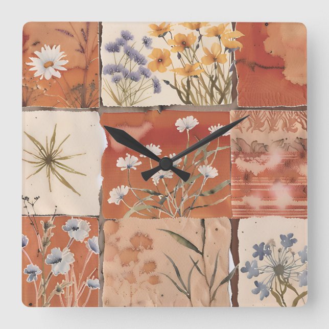 Terrakotta Wildflower Patchwork Rustik Boho Vår Fyrkantig Klocka (Framsida)