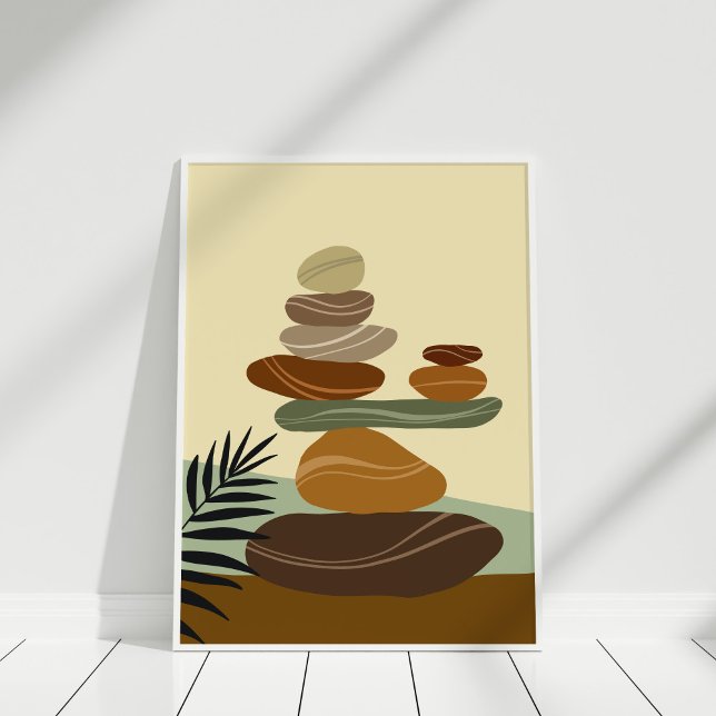 Terrakotta Zen-stenar Abstrakt Boho Väggkonsttryck Poster (Boho Terracotta Abstract Zen Stones Poster in white frame against white wall.)