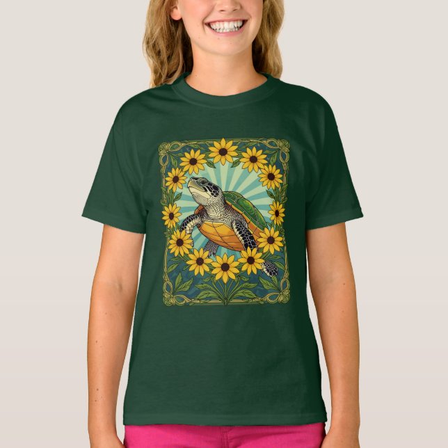Terrapin And Black Eyed Susan Flowers Art Nouveau  T Shirt (Framsida)