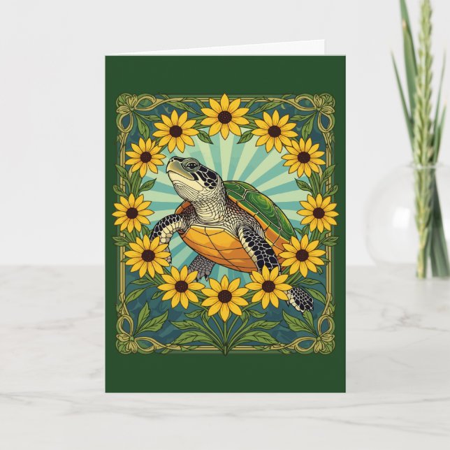 Terrapin och Black Eyed Susan Flowers Art nouveau Helgkort (Framsida)