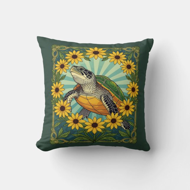 Terrapin och Black Eyed Susan Flowers Art nouveau Kudde (Framsida)