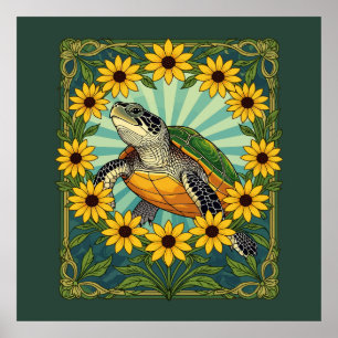 Terrapin Och Svartögda Susan Blommor Art Nouveau Poster