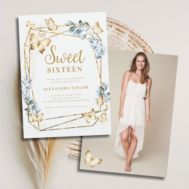 Terrarium Geometric Ram Butterfly Photo Sweet 16 Inbjudningar (terrarium geometric frame border butterflies gold boho chic modern contemporary sweet 16 photo)