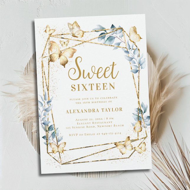 Terrarium Geometric Ram Guld Butterfly Sweet 16 Inbjudningar (terrarium geometric frame border butterflies gold boho chic modern contemporary sweet 16 invitation)