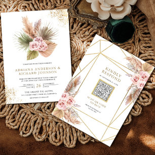 Terrarium Pampas Dammrosa Rosor QR-kod Bröllop Inbjudningar