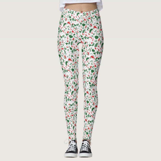 Terrazzo Grönt Red jul Mönster Helgdag Leggings (Framsida)